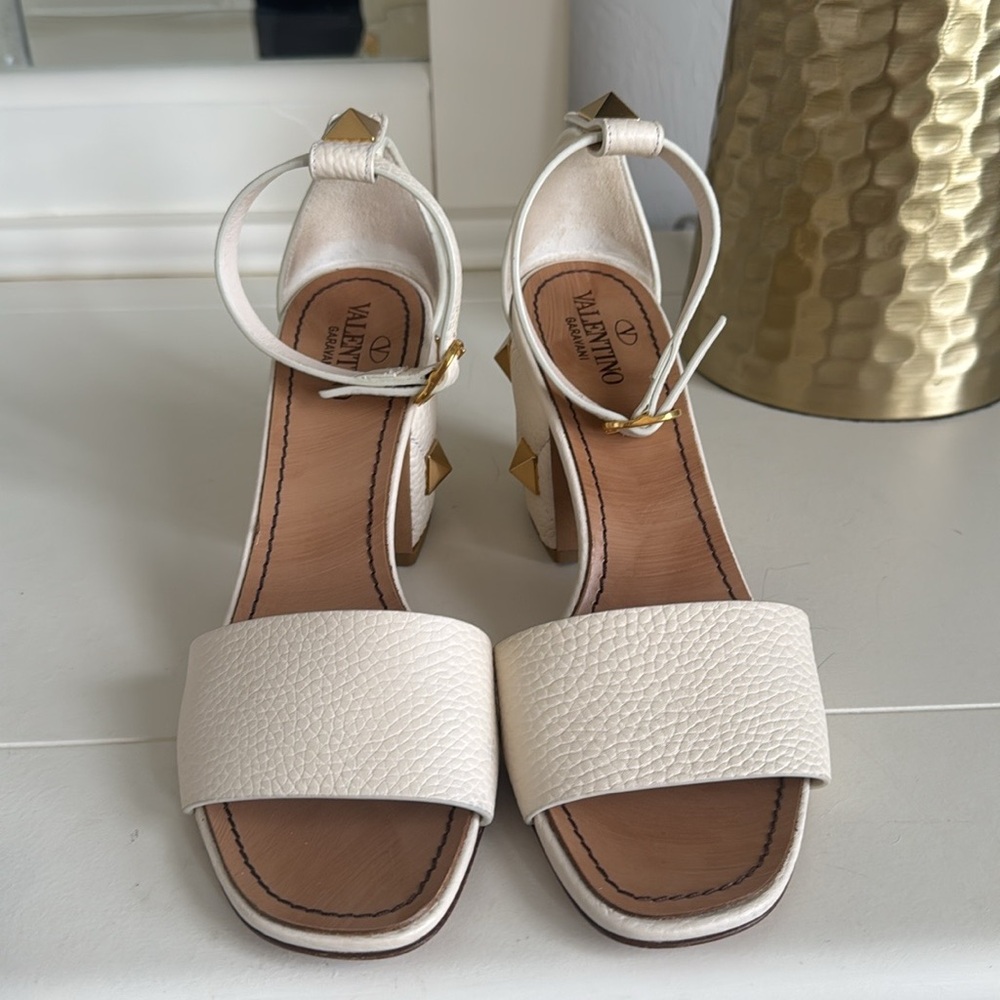 Valentino Garavani Cream Block Heels with Gold Studs